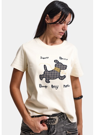 Kadın Bej Bol Kesim Köpek Nakışlı Özel Tasarım T-shirt Sarı