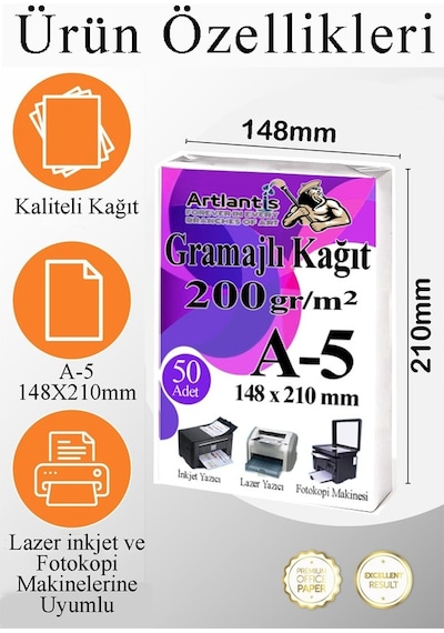 A5 Gramajlı Fotokopi Kağıdı 50 Adet 200 Gr Sertifika Kağıdı Kalın Kağıt Baskı Tüm Yazıcılara Uyumlu 14.8x21cm Ofis Büro