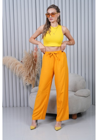 Polologin Butik Sarı Belden Bağlamalı Bol Paça Pantolon Sarı
