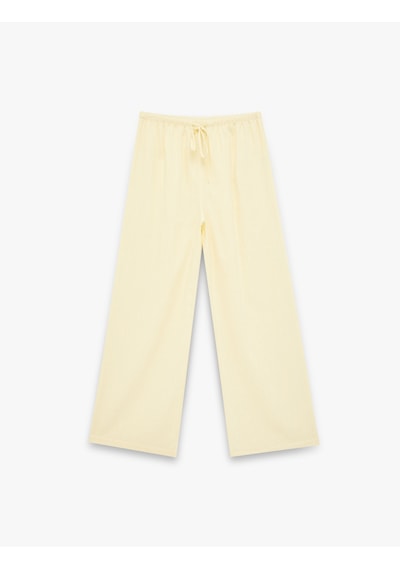 Koton Beli Bağcıklı Viskon Karışımlı Uzun Geniş Paça Pantolon Sarı 6sal40049ıw