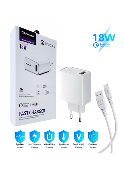 Mipo M25 Uyumlu 18w 3.4a Type-c Ultra Hızlı Şarj Cihazı Seti - İthalatçı Garantili Beyaz