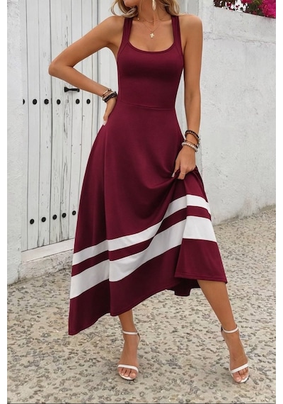 Alyn Wear Kadın Askılı Yuvarlak Yaka Asimetrik Şerit Detaylı Uzun Viskon Elbise Bordo
