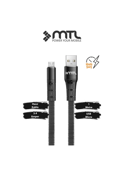 3.4a Micro Usb Ultra Hızlı Metal Başlıklı Flat Örgülü Şarj Ve Data Kablosu Mt2321