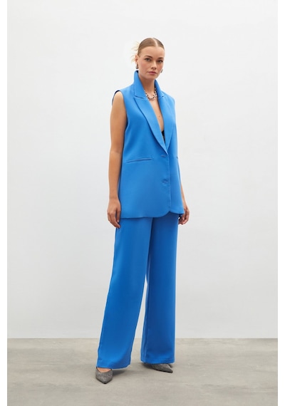 Sateen Pileli Krep Pantolon - Mavi