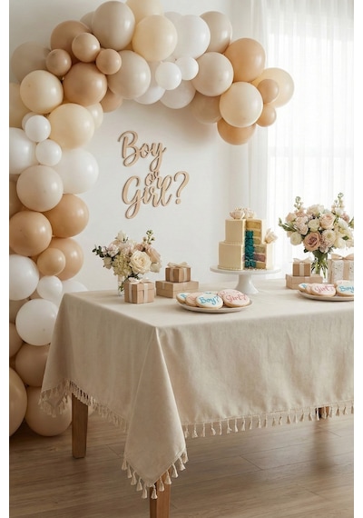 Keten Püsküllü Organizasyon Keten Masa Örtüsü Baby Shower, Doğum Günü, Nişan İçin Bohem Vintage Örtü Bej Keten Püsküllü Organizasyon Keten Masa Örtüsü Baby Shower, Doğum Günü, Nişan İçin Bohem Vintage Örtü Bej