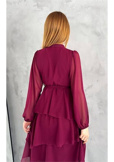 Dip Moda Kadın Astarlı Eteği Kat Kat Şifon Elbise Dpk2041 Bordo