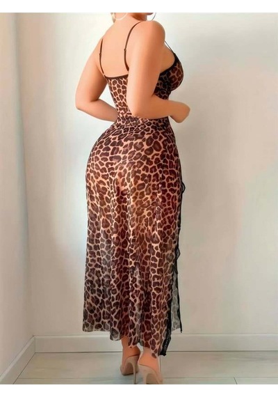Ang Butik Leopar Desenli Yırtmaçlı Uzun Gecelik Leopar