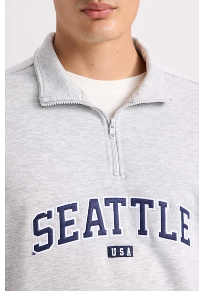 DeFacto Relax Fit Fermuarlı Dik Yaka Baskılı Kalın Sweatshirt D2168AX24AUGR389 Gri