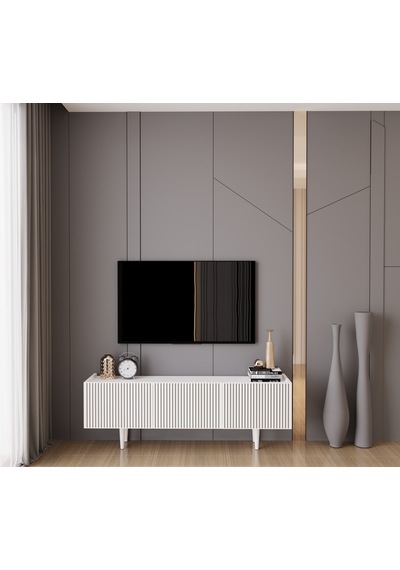 Capella Beyaz Country Mdf 3 Kapaklı Ahşap Ayaklı 140 Cm Tv Ünites