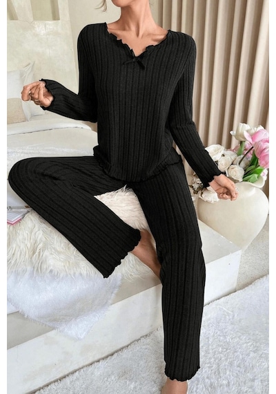 Bella Notte Mevsimlik Siyah Pamuklu Fiyonk Detaylı Pijama Takımı