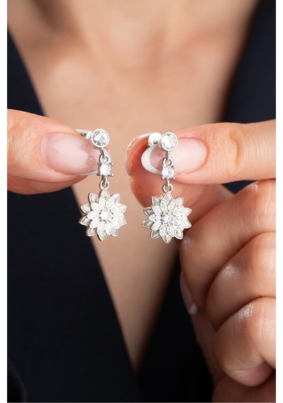 Çekirdekjewelry 925 Ayar Gümüş Lotus Çiçeği Küpe Gri Beyaz