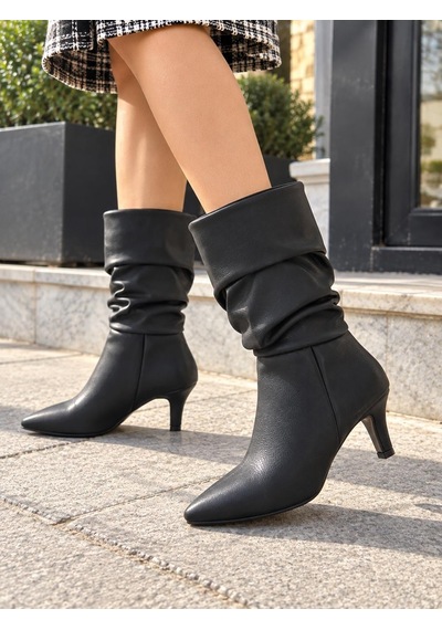 Asmi Shoes Kadın Gina Siyah Körüklü 6 Cm Topuklu Sivri Burun İnce Topuk Yarım Boy Çizme