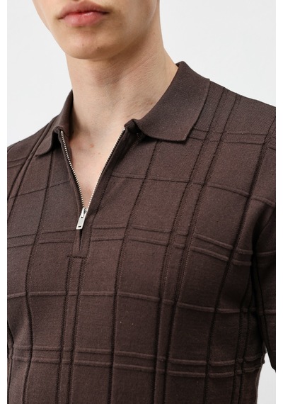 Antioch Kareli Desenli Erkek Triko T-shirt Kahverengi