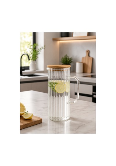 1000 Ml Bambu Kapaklı Çizgili Cam Sürahi 1 Litre Borosilikat Cam Su, Limonata Ve İçecek Sürahisi