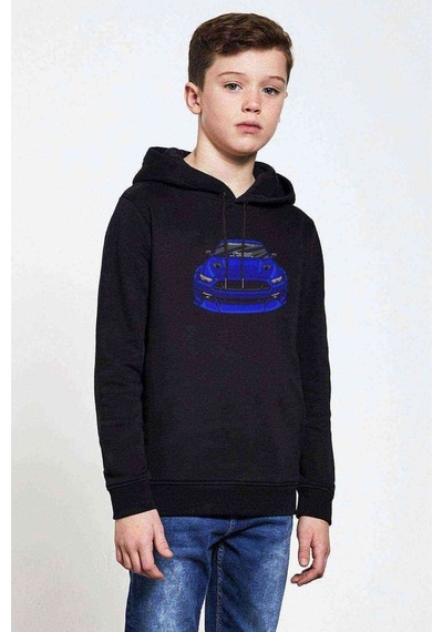 Tshirthane Mustang Baskılı Unisex Çocuk Kapüşonlu Siyah Sweatshirt