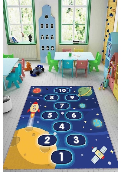 Lacivert Kaymaz Taban Uzay Temalı Seksekli Çocuk Halısı Kd96n11
