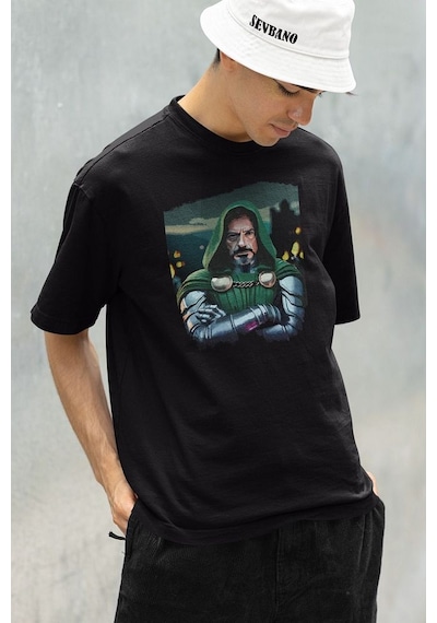 Doom Baskılı Unisex Tişört, Oversize Doctor Doomstay Marvel Karak Siyah