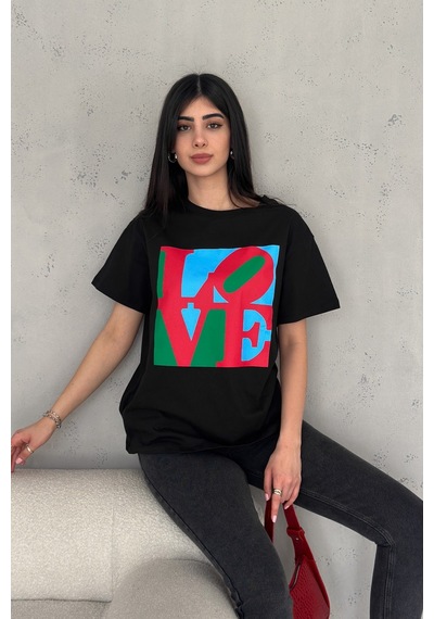 Femelle Kadın Siyah Love Baskılı Pamuk Tişört