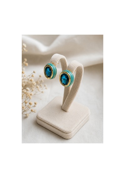 Rosen Mavi Gold Detaylı Zirkon Taşlı Vintage Görünümlü Şık Modern Kadın Küpe