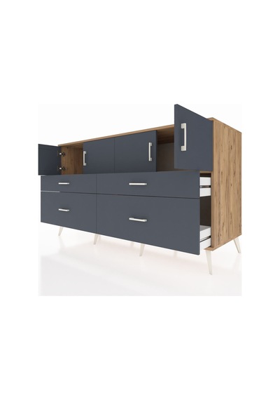 Kronos Konsol 2 Raflı 4 Çekmeceli 4 Kapaklı 176x59x99 Çam-antrasi Çam-antrasit