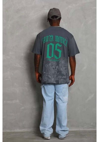 Unisex Oversize Baskılı Bisiklet Yaka T-shirt - Füme Füme