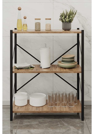 Üç Katli Çok Amaçli Raf Siyah Profil Çam Sunta 60x24x80 Cm Siyah-çam