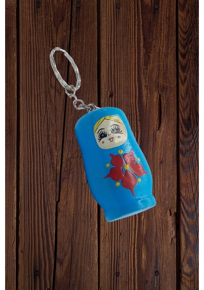 Ahşap Matruşka Bebek Anahtarlık Mavi 5cm Büyük Boy