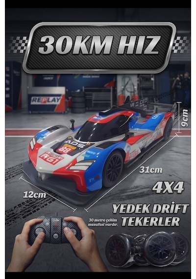 Fırtına Yarışçı Öfkeli 1/16 Ölçek Şarjlı Kumandalı Drift Yarış Arabası 4x4, 30km/s Hız, Led Işıklı Kırmızı Mavi