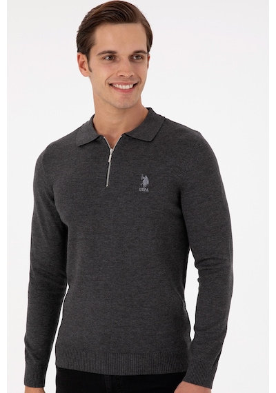 U.S. Polo Assn. Erkek Slim Fit Yarım Fermuarlı Antrasit Melanj Basic Kazak 50297066-VR081