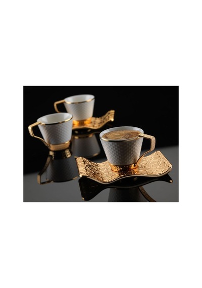 Türk Kahvesi Fincan Takımı Lüks 6 Kişilik Metal Gold Selçuklu Model Altın