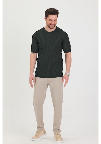 Tarz Cool Erkek Bisiklet Yaka Fitilli Kısa Kollu Ince Triko T-shirt Haki