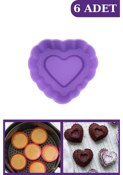 Onikiden Airfryer Silikon Kalp Muffin Kek Kalıbı 6 Lı- Tüm Hava Fritözleriyle Uyumlu Sl11 Lila