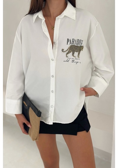 Asprin Fashion Dril Kumaş Paradise Baskılı Taşlı Gömlek Gold Beyaz