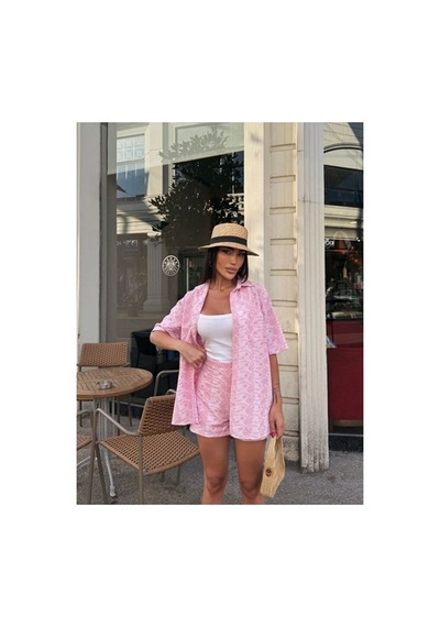 Nido Moda Kadın Oversize Fisto Gömlek Ve Beli Lastikli Şort İkili Takım Pembe