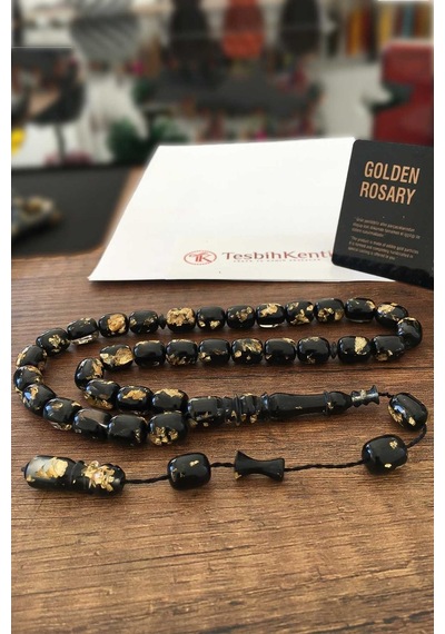 Tesbihkenti Yenilebilir Sertifikalı Altın Parçacıklı Sıkma Kehribar Tesbih