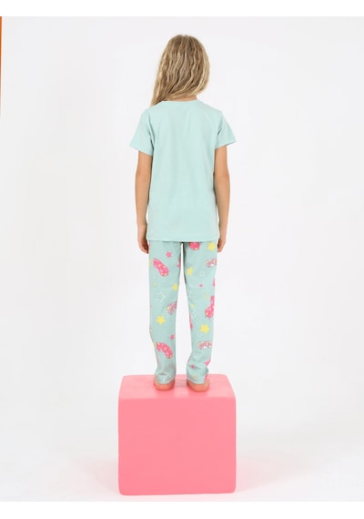 Kız Çocuk Kısa Kollu %100 Pamuklu Fun Cute Pijama Takımı Mint