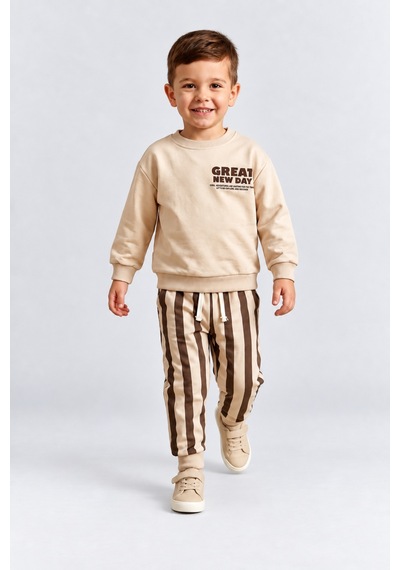 Ahengim Erkek Çocuk Great New Day Baskılı Sweatshirt Ve Çizgili Eşofman Altı 2 Li Takım Ak124 Kahverengi