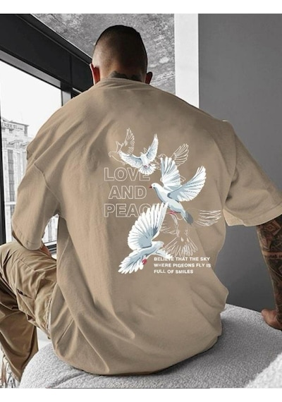 Love And Peace Baskılı Oversize Tişört Bej