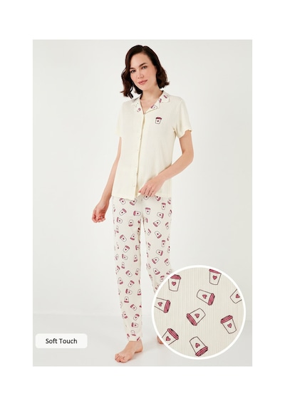 Lela Regular Fit Gömlek Yaka Kısa Kollu Bayan Pijama Takımı 65740102 Bej-Pembe