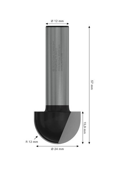 Aksesuarı 2608628473 Oyuklu Freze Ç 12 Mm, R1 12 Mm, D 24 Mm, L 12,7 Mm, G 57 Mm
