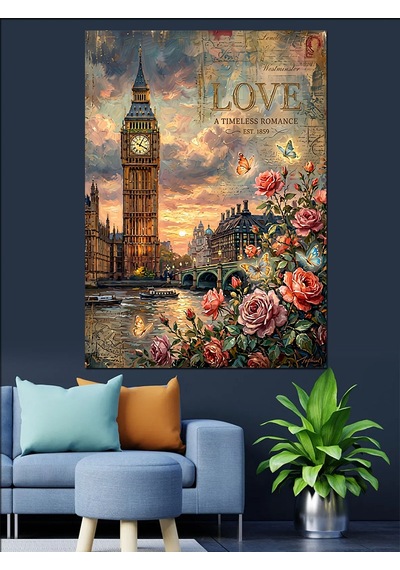 Çiçekli Londra Big Ben Dekoratif Kanvas - Mdf Ahşap Tablo