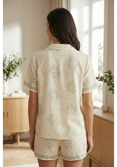 Mint Aura Desenli Viskon Şortlu Dokuma Pijama Takımı Ekru