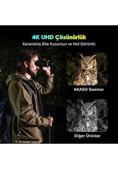 Akaso Seemor-200 4k Tam Renkli Video Kayıt Özellikli Gece Görüş Dürbünü, 3'' Ekran Aı-ısp Teknoloji Siyah