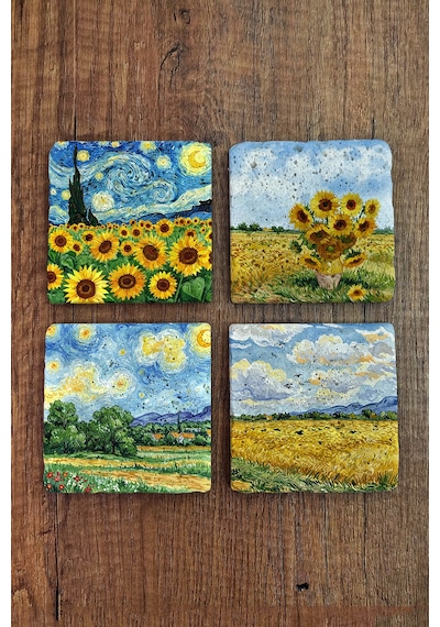 Doğal Taş Bardak Altlığı - Van Gogh Aı Eserleri Baskılı 10x10cm Yapay Zeka Stone Coasters 475 Çok Renkli