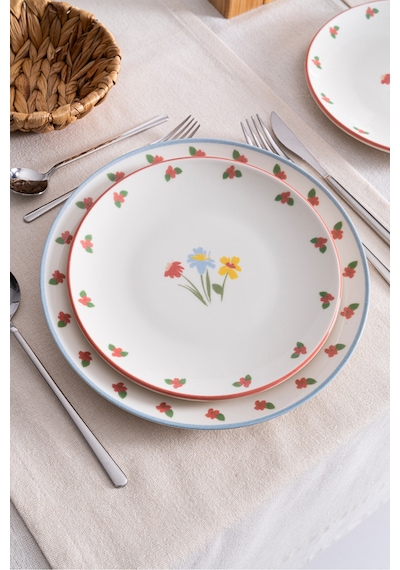 Liora Çiçek Desenli 20 Cm Porselen Pasta & Kahvaltı Tabağı - 6 Adet Pembe