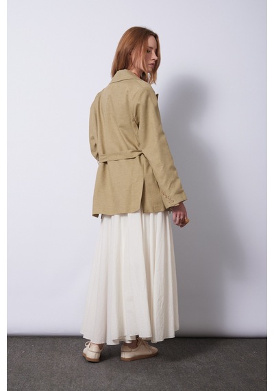 Keten Karışımlı Kuşaklı Blazer Ceket Açık Yeşil