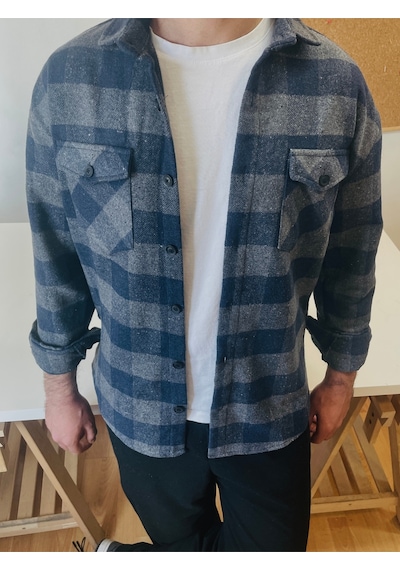Erkek Füme-indigo Çift Cep Kapaklı Slim Fit Oduncu Gömlek Füme-indigo