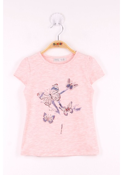 Toontoy Kids Toontoy Kız Çocuk Kelebek Taş Baskılı T-shirt Pembe Melanj