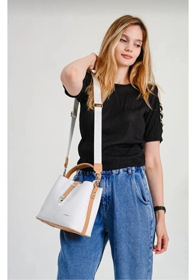 Just Polo Kadın Kabartma Baskılı Lüks El Ve Omuz Çantası Shopper Beyaz - Taba