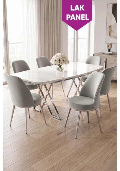 Peras Serisi 90x160 Lak Panel Beyaz Mermer Desen Krom Ayaklı Masa Takımı 6 Sandalye Beyaz Mermer Masa Gri Sandalye Peras Serisi 90x160 Lak Panel Beyaz Mermer Desen Krom Ayaklı Masa Takımı 6 Sandalye Beyaz Mermer Masa Gri Sandalye